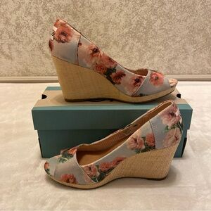 Toms Pink and Blue Floral Wedges with Woven Heel